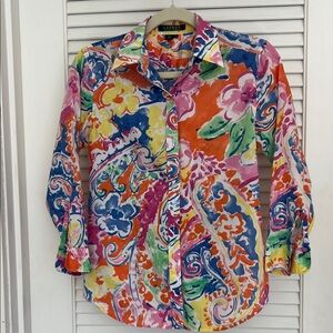 Ralph Lauren Colorful Floral Button Down 3/4 Sleeve 100% cotton Shirt Size S